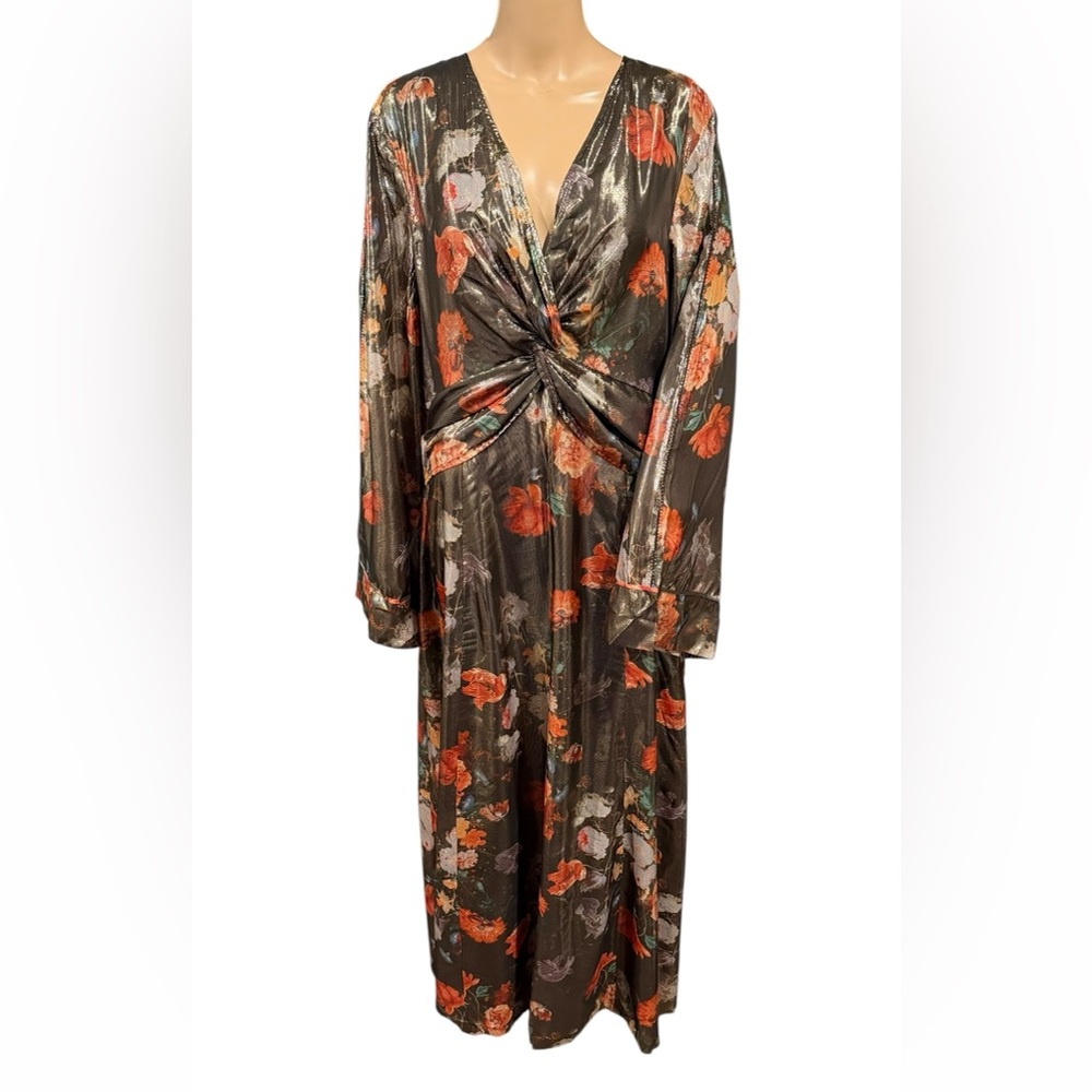 NWT Anthropologie x Caballero Deep V Neck Metallic Floral Maxi Dress Brown Motif